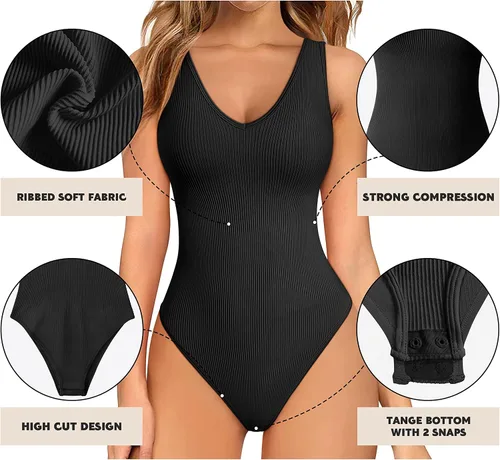 Vista 3 de GXIN Body de 2 piezas para mujer, sexy, acanalado, con cuello en V, sin mangas, moldeador