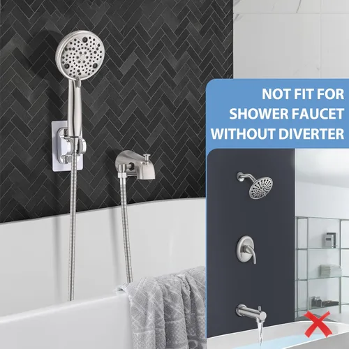 Vista 5 de Caño de bañera deslizante con desviador, ducha de mano de alta presión, 8 ajustes, grifo de bañera de metal con rociador, níquel cepillado