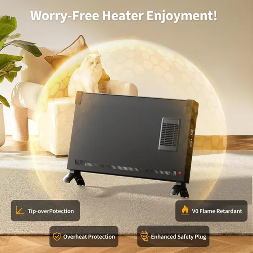 Vista 7 de BREEZEHEAT Calentador eléctrico portátil, calentador de panel de convección de 1500 W con ventilador y modo ECO, calefacción silenciosa para toda