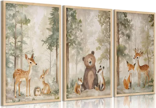 Vista 9 de MIZILI Lienzo de animales del bosque para cuarto de bebé, arte de pared, pinturas de animales salvajes, acuarela, decoración de pared, oso zorro