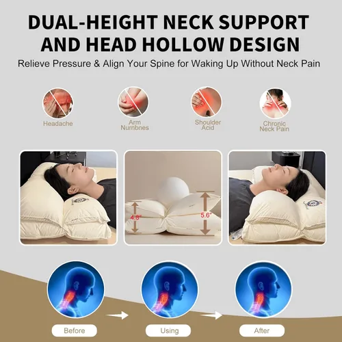 Vista 4 de almohada cervical para dormir, almohada de cama de diseño ergonómico para dormir de lado, boca abajo o boca arriba, almohada de apoyo de doble