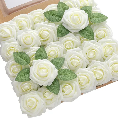 Vista 11 de DerBlue 60 rosas artificiales de aspecto real, rosas artificiales de espuma para decoración de bodas, arreglos, fiestas, decoración del hogar