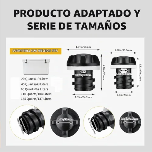 Vista 3 de Cooler Plug Replacement for RTIC, Large & Small Leak Proof Drain Plugs Compatible with RTIC 20QT 45QT 65QT Coolers with Two Drains