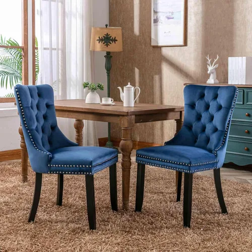 Vista 14 de Silla de comedor tapizada de terciopelo con respaldo copetudo y patas de madera, silla auxiliar moderna decoración de remaches, para comedor Negro