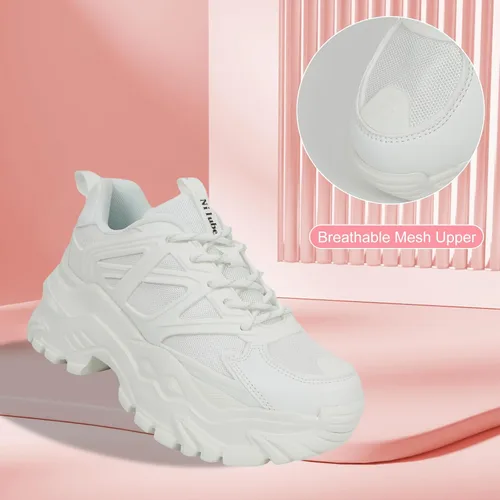 Vista 4 de Zapatos deportivos gruesos para mujer, con plataforma de malla blanca, cómodos, transpirables, informales, a la moda, para correr