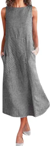 Vista 22 de Vestido de manga larga para mujer, casual, de algodón, lino, con botones, maxivestidos tipo caftán, blanco y azul