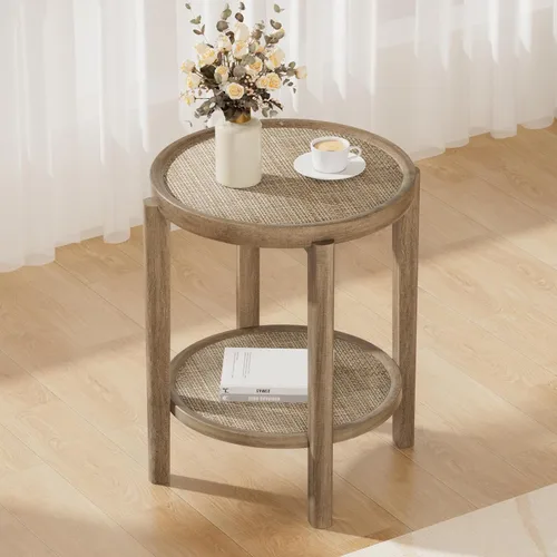 Vista 21 de Eclatara Mesitas de noche de ratán, mesa auxiliar de 2 niveles para dormitorio, mesa auxiliar de polígono decorativa para espacios pequeños, mesa