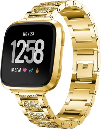 Vista 5 de Bandas de joyería compatibles con Fitbit Versa, pulsera de diamantes de imitación de repuesto para mujer (dorado)