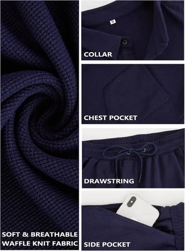 Vista 5 de WIGUREN Conjunto de camisa polo y pantalones cortos para hombre, conjunto de 2 piezas, de verano, casual, de punto gofre, de manga corta, para hombre