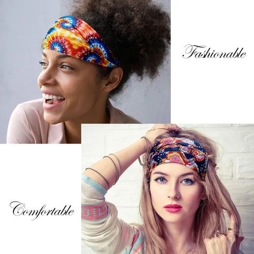 Vista 6 de Syhood 8 diademas africanas para mujer, banda ancha elástica con estampado bohemio, para yoga, deportes, entrenamiento, diadema elástica con nudo
