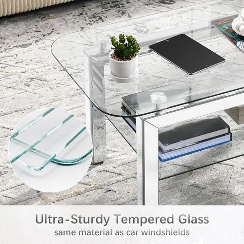Vista 6 de Mesa auxiliar rectangular con parte superior de vidrio con patas de espejo plateadas para sala de estar, moderna y glamorosa mesa de vidrio templado