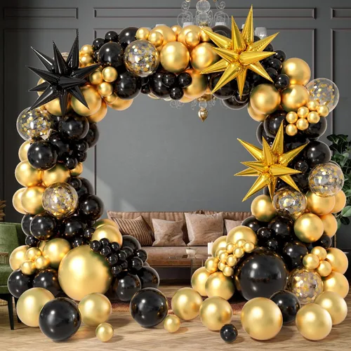 Vista 2 de Kit de arco de guirnalda de globos negro y dorado 158 piezas con globos de confeti negro y dorado, globos de papel de aluminio estrella