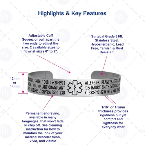 Vista 11 de Pulsera de identificación de alerta médica, acero inoxidable 316L, personaliza y personaliza, selecciona un tamaño de muñeca, de 6 a 9 pulgadas