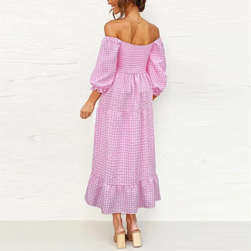 Vista 4 de NIUQI Vestido midi bohemio a cuadros para mujer cuello cuadrado hombros descubiertos manga abombada fruncido escalonado con volantes