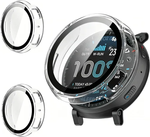 Vista 18 de Rc-Z Paquete de 2 fundas protectoras de pantalla para reloj inteligente Amazfit Active 2, parachoques de policarbonato duro, película de vidrio