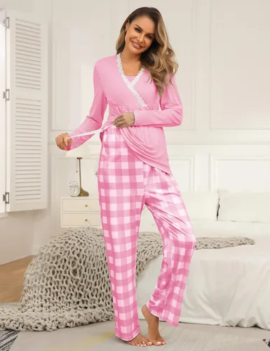 Vista 2 de MISSKY Womens Maternity Nursing Pajama Sets Long Sleeve Pregnancy Pj Set Breastfeeding Sleepwear