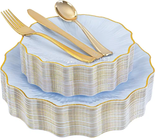 Vista 11 de U-QE 150 platos de plástico negro con cubiertos de plástico dorado, platos negros desechables para fiestas, incluyen 30 platos llanos de 10.25