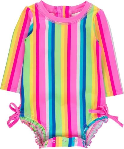 Vista 35 de RuffleButts - Traje de baño de una pieza con protección solar UPF 50+, camiseta de protección floral estampado, manga larga, con cierre zipper