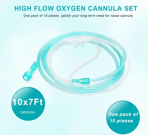 Vista 2 de Paquete de 10 cánulas de oxígeno nasal ultra suaves de alto flujo, tubos verdes y cada embalaje individual con conexión estándar de 7 pies Tubo
