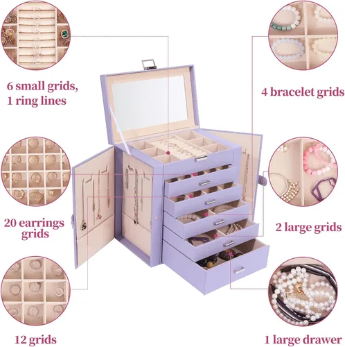 Vista 3 de BOOVO Joyero para mujer, organizador de joyas grande de 6 capas con espejo, caja de almacenamiento multifunción con cerradura, soporte