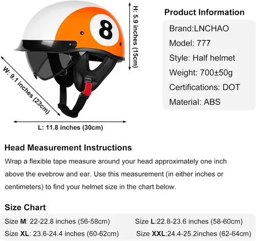 Vista 6 de Medio casco de motocicleta con visera para adultos y jóvenes, cascos retro aprobados por DOT para hombres y mujeres, compatibles con ciclomotor