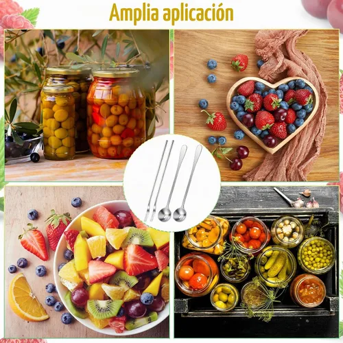 Vista 6 de Didaey Juego de 4 coladores de tenedor para pepinillos y cucharas de aceituna de acero inoxidable con mango largo, cuchara de servir con orificio