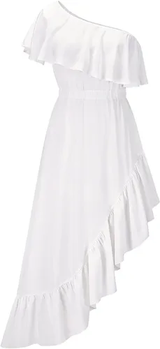 Vista 6 de LFEOOST Vestido largo con volantes para mujer, sexy, casual, con un solo hombro, cintura elástica, dobladillo asimétrico, fruncido y fluido