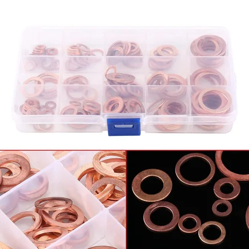 Vista 8 de 150pcs Copper Flat Washer Assortment Kit in Storage Box Plain Metal Spacers for Electrical Thermal Conductivity Load Distribution Screw Preload