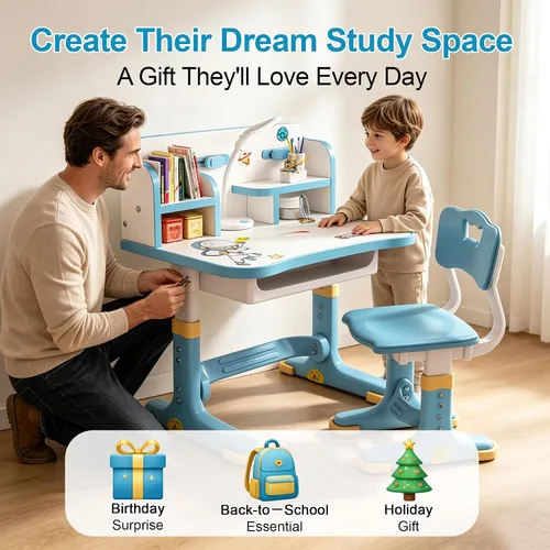 Vista 8 de HEVIRGO Kids Desk and Chair Set – Height Adjustable Blue Study Table