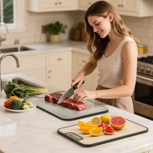 Vista 6 de Tabla de Cortar de Acero Inoxidable, Tabla de Cortar Grande de Doble Cara para Cocina, Acero Inoxidable 18/8 y PP de Paja de Trigo, Grado