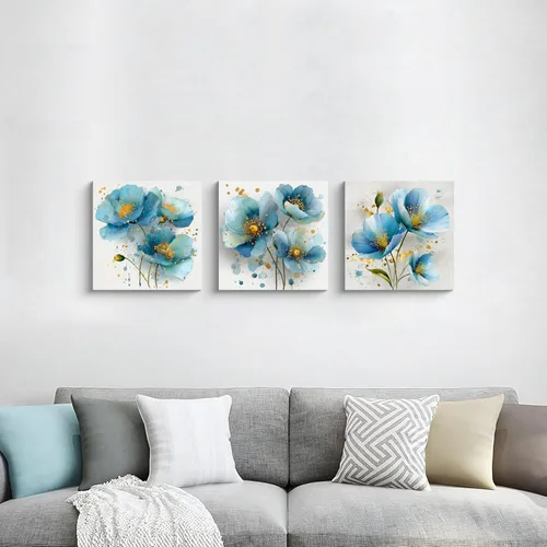 Vista 3 de NAN Wind 3 piezas de arte de pared de flores azules, impresión botánica moderna, ilustración floral floreciente, salpicaduras de acuarela y elegante