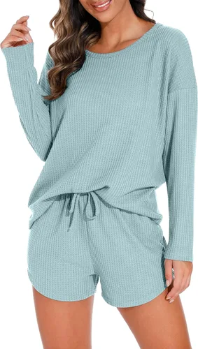 Vista 4 de PrinStory Conjunto de pijama para mujer, conjunto de 2 piezas de punto gofre, conjunto de ropa de descanso con bolsillos