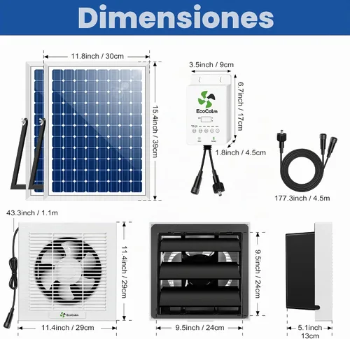 Vista 6 de Ventilador solar de 8 pulgadas con termostato ajustable y batería para invernadero