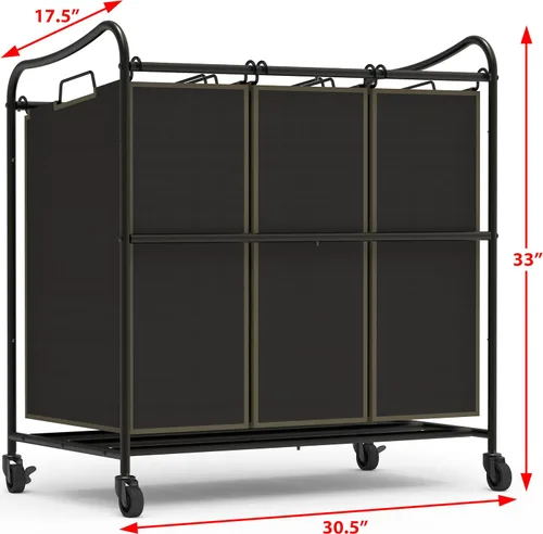 Vista 2 de Simple Houseware Carrito rodante clasificador de lavandería de 3 bolsas resistente, bronce