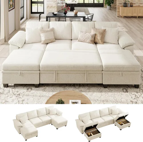 Vista 10 de Ihanherry Sofá modular de 86 pulgadas con cama extraíble, sofá cama modular en forma de L de 4 plazas con otomana de almacenamiento, sofás Verde
