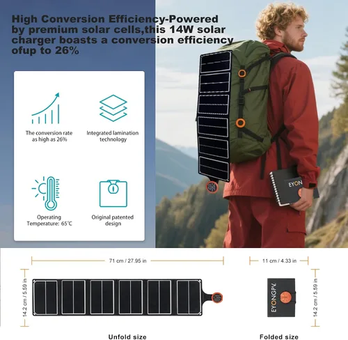 Vista 2 de EYONGPV Panel solar plegable portátil de 14 W y cargador solar con salida USB-C Croc-Eye, cargador solar compacto impermeable IP67 para teléfonos