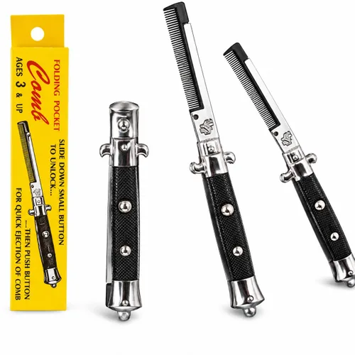 Vista 3 de Switchblade - Peine plegable de bolsillo de 9 pulgadas, peine de acero inoxidable para barba para hombres, peines de bigote de dientes finos