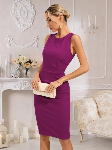 Vista 4 de oten Vestido de tubo para mujer, cuello redondo, sin mangas, fruncido, entallado, para trabajo, cóctel, fiesta