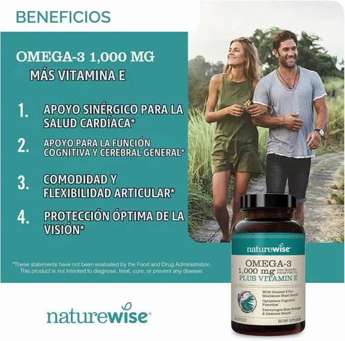 Vista 2 de NatureWise Omega 3 de alta potencia de 1000 mg con 600 mg de EPA, 400 mg de DHA, vitamina E y vitamina D3 5000iu (125 mcg) Función muscular