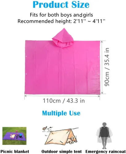 Vista 5 de Poncho de lluvia para niños, reutilizables, paquete de 2 abrigos impermeables de EVA con capucha para niños y niñas Rosado/Azul