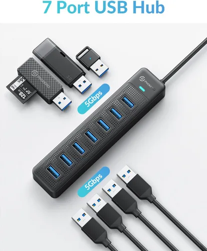 Vista 2 de PHIXERO Concentrador USB de 7 puertos, 3.3 pies/3.3 ft de largo Cable USB 3.0 Hub Hub Multi USB Hub Adaptador de Extensión USB Divisor USB Hub USB