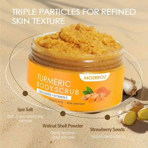 Vista 5 de Exfoliante corporal de cúrcuma, vitamina C, exfoliante corporal con colágeno y aceite de coco, removedor de piel muerta, exfoliante natural suave e