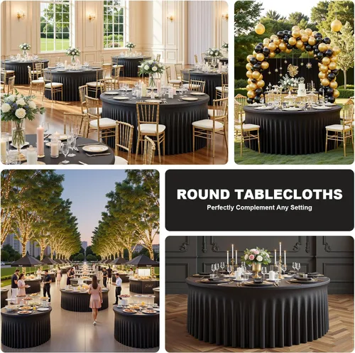 Vista 8 de Mantel redondo de 60 pulgadas en negro para mesas de 5 pies, funda de mesa ajustada de elastano con borde elástico y falda, lavable, sin arrugas