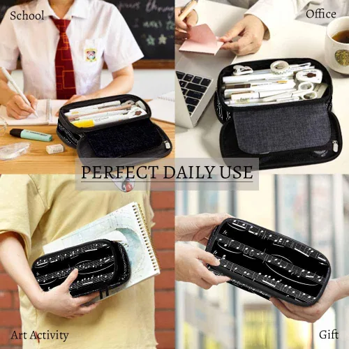 Vista 4 de Yekiua Estuche para lápices con notas musicales, estuche de gran capacidad para partituras musicales, estuche de lápices para oficina, universidad