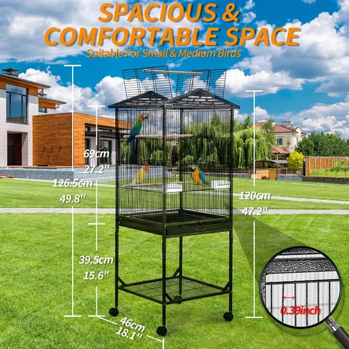 Vista 5 de WeGear Jaula para pájaros de hierro forjado de 47 pulgadas con tapa abierta y soporte rodante, jaula para pájaros mediana y pequeña para loros