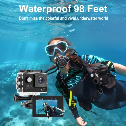 Vista 3 de Cámara de acción WiFi 4K 30FPS con tarjeta de memoria de 128 GB, cámara subacuática Ultra HD impermeable de 98 pies, pantalla de gran angular