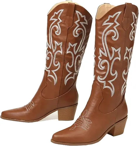 Vista 7 de NEWBELLA Botas occidentales bordadas de tacón grueso vintage