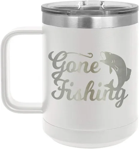 Vista 19 de GONE FISHING Taza de café negra de 15 oz con tapa deslizante Taza de café de viaje aislada Ideas de regalos de cumpleaños o Navidad de mujeres u