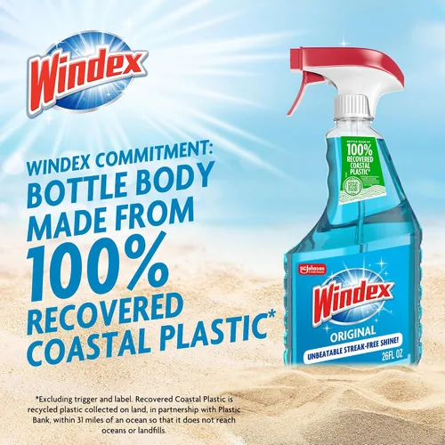 Vista 7 de Windex Spray limpiador de vidrio y ventanas, botella hecha de plástico 100% reciclado, espray de limpieza de superficies, aroma azul original, 23