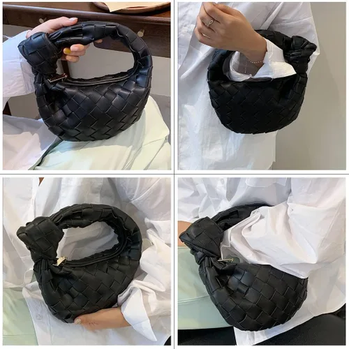 Vista 3 de Bolso tejido de piel sintética suave para mujer, hecho a mano, bolso de hombro tejido, con nudos, casual, para el verano, Negro